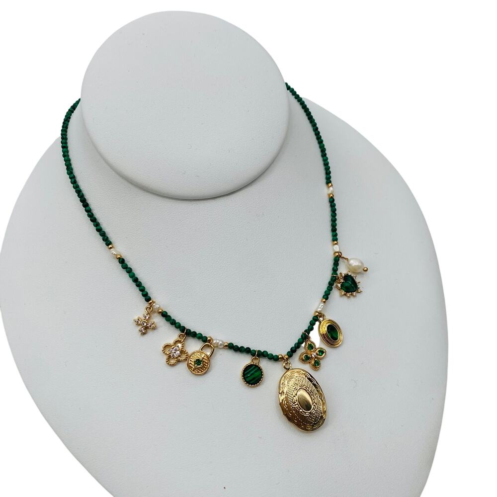 Green beaded locket charm necklace